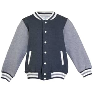A grey and navy varsity jacket featuring white stripes, ribbed cuffs, and a snap-button closure.