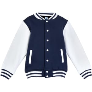 A navy and white varsity jacket featuring a button-up front and striped cuffs. It has a logo on the chest.