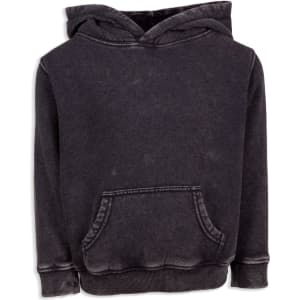 A grey stone wash fleece hoodie featuring a front pocket and a hood. It has a casual, relaxed fit.