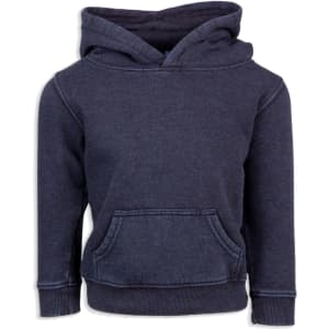 A baby’s stone wash fleece hoodie in navy blue with a front pocket and a hood. It has a logo on the front.