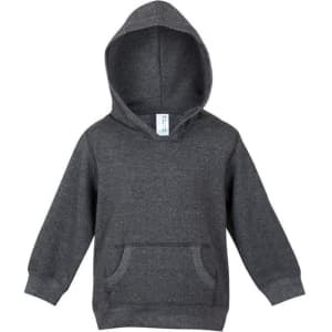 A dark grey hoodie with a kangaroo pocket and a hood. It includes a label and features long sleeves.