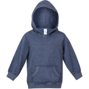 A navy blue baby hoodie with a front pocket and a hood, featuring a branding label inside.