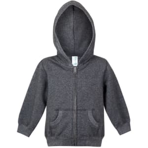 A grey zip-up hoodie for babies featuring a hood and front pockets. Includes a branding tag.