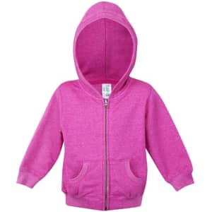 A pink zip-up hoodie featuring a hood and two front pockets, with a small logo on the label inside.