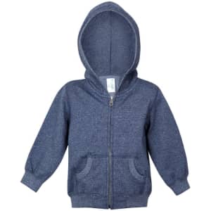A navy blue zip hoodie for babies with a hood and front pockets. Features a tag inside and has a logo.