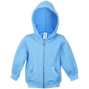 A light blue zip-up hoodie featuring a hood and front pockets. The hoodie has a small logo tag.