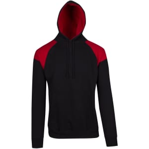 A men's hoodie featuring a black body with red contrast panels on the shoulders and a hood. It includes a front pocket and a logo.