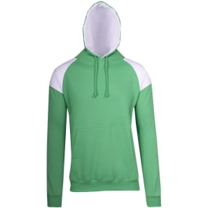 A green hoodie featuring contrasting white shoulder panels and a front pocket. It has a drawstring hood.