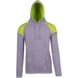 A grey hoodie with a contrast bright green panel on the shoulders, featuring a hood and front pocket.