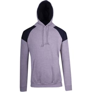 A grey hoodie featuring black contrast panels on the shoulders and a drawstring hood. It includes a front pocket and branding.