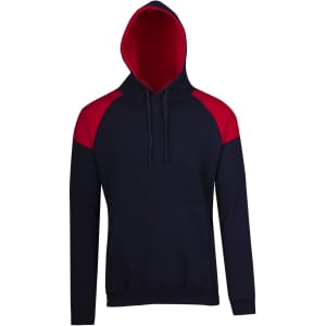 A navy blue hoodie with red contrast panels and a lined hood, featuring a front kangaroo pocket and a logo.