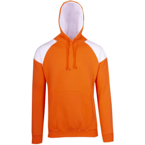 An orange hoodie with white contrast panels and a front pocket, featuring a drawstring hood and a logo.