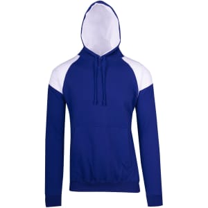 A blue hoodie with white contrast panels and a kangaroo pocket. It features a hood and has a logo.