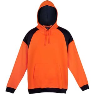 An orange and black hoodie with a contrasting panel design, featuring a hood and a front pocket.
