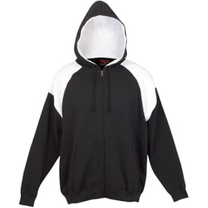 A black zip hoodie with contrasting white shoulder panels and a hood, featuring a logo on the front.