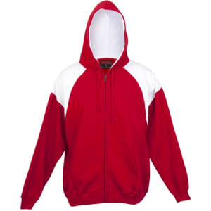 A red hoodie with white contrast panels, featuring a front zip and a hood. It includes a logo on the chest area.