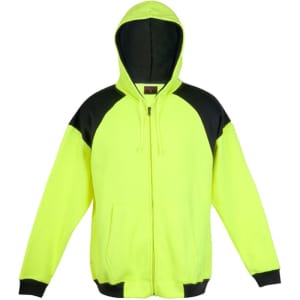 A hooded work hoodie in bright yellow with black contrast detailing and a central zipper. Features a logo.