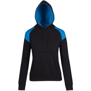 A black hoodie with a blue contrast panel and a hood, featuring a logo on the front.