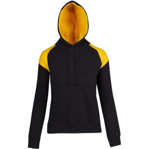 A black hoodie with contrasting yellow shoulder panels and a hood, featuring a front pouch pocket and a logo.