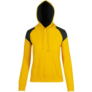 A yellow hoodie with black contrast panels and a drawstring hood. It features a front pocket and has a logo.