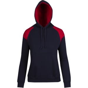 A navy hoodie with red contrast panels and a drawstring hood. It features a front pocket and has a logo.