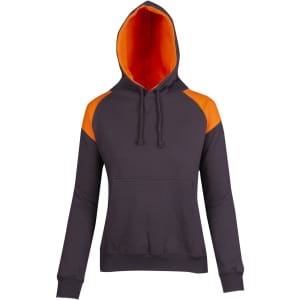 A women's juniors hoodie in dark grey with vibrant orange contrast panels and a front pocket.