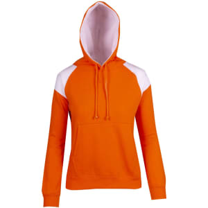 An orange hoodie with white contrast panel details, featuring a front pocket and a hood. It has a logo on it.