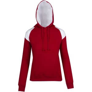 A red hoodie with white contrast panels, featuring a front pocket and a drawstring hood. It has a logo.