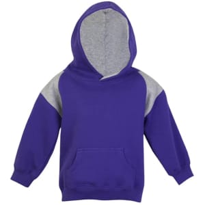 A purple hoodie featuring grey contrast panels on the shoulders, with a front pocket and a drawstring hood.