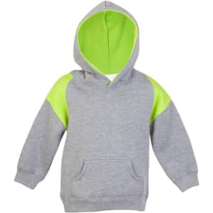 A grey hoodie with a green contrast panel on the shoulders and a green-lined hood. Features a front pocket and a logo.