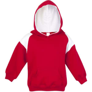 A red hoodie with a white contrast panel on the shoulders and a front pocket. Features a hood and long sleeves.