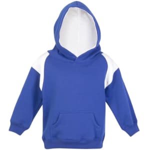 A blue hoodie with white contrast panels and a front pocket, featuring a hood.