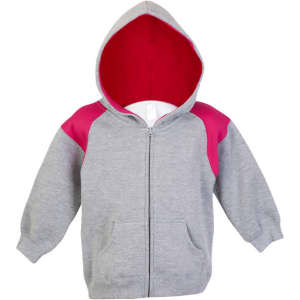 A grey hoodie with contrasting pink shoulder panels and a red interior, featuring a front zipper and pockets.