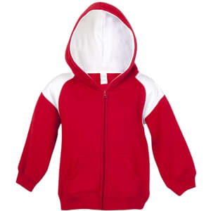 A red hoodie with a white contrast panel, featuring a front zipper and pockets. It has a hood for added warmth.