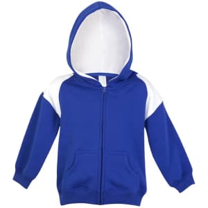 A blue and white hoodie with a zipper, featuring a contrast panel design and a hood. It has a front pocket and a logo.
