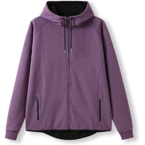 A purple hoodie made from 320gsm soft cotton and bonded polar fleece, featuring a hood and zippered front.
