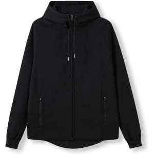 A black soft cotton and bonded polar fleece hoodie with a front zip and a hood. It features a logo.