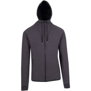 A grey bonded polar fleece hoodie with a zip front and a hood, featuring a logo.