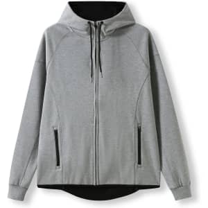 A grey hoodie made from soft cotton and bonded polar fleece, featuring a hood and front zip. It has a logo.
