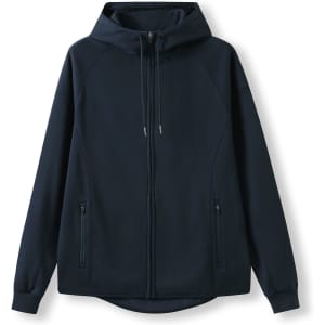 A navy blue men's hoodie made from 320gsm soft cotton and bonded polar fleece, featuring a hood and a logo.
