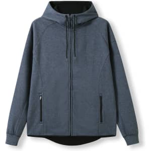 A navy men's hoodie made of soft cotton and bonded polar fleece, featuring a zip front and a hood.