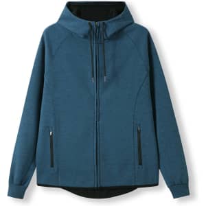 A blue men's hoodie made of soft cotton and bonded polar fleece with a zip front and black accents.