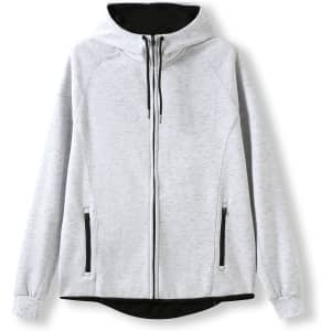 A grey and black hoodie with a zip front, featuring a hood and side pockets, with a logo on it.