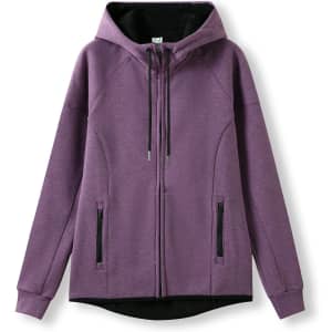 A purple hoodie in soft cotton and bonded polar fleece, featuring a zip front and pockets, with a hood.