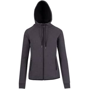 A grey women's junior hoodie made from 320gsm soft cotton and bonded polar fleece, featuring a hood and zippered pockets.