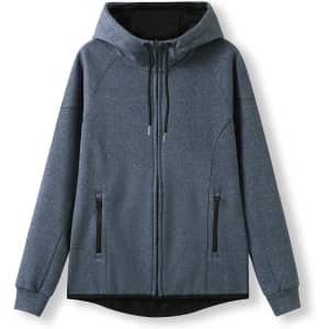 A navy blue hoodie featuring a zip front, pockets, and a hood, with a contrasting interior colour.