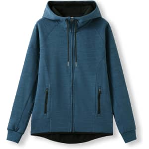 A teal women's/junior hoodie made from 320gsm soft cotton and bonded polar fleece, featuring a zip and a logo.