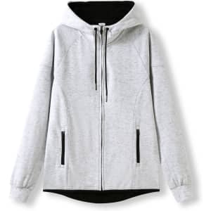 A grey and black women's junior hoodie made from soft cotton and bonded polar fleece, featuring a zip and pockets.