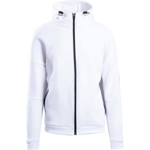 A white men's hoodie with a zip front, featuring a hood and drawstring, and a logo on the sleeve.