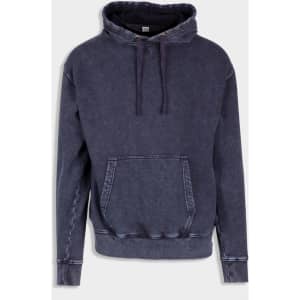 Men's stone wash fleece hoodie in a dark blue tone, featuring a front pocket and a hood, with a logo on the chest.